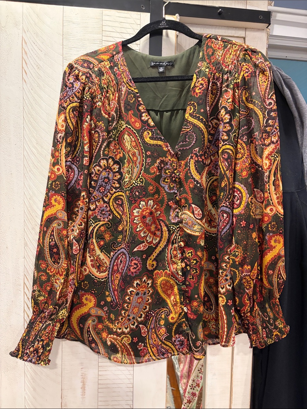 Paisley V-Neck Long Sleeve Blouse - Olive